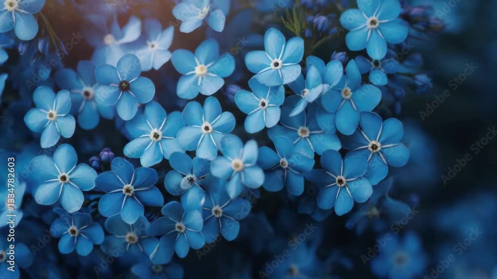 Poster close-up of a cluster of small blue flowers with soft lighting, creating a serene and calming atmosp