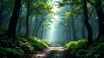 Obraz premium serene forest path illuminated by soft sunlight, surrounded by lush green trees and foliage, creating tranquil atmosphere