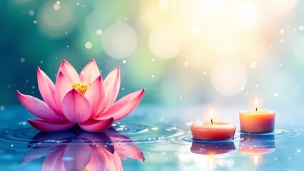 Vesak/Wesak day. Malaysian image of lotus flowers and candles in water. A calm and beautiful composition. 