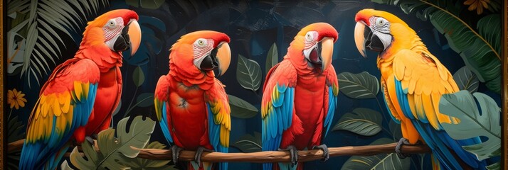 Naklejka premium Four vibrant scarlet macaws perched on a tree branch amidst lush green tropical foliage, creating a colorful and exotic scene
