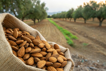 Freshly Harvested Almonds in Burlap Sack with Orchard Background at Sunset in Rural Setting