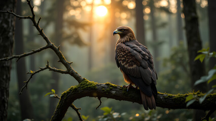 Fototapeta premium majestic bird perched on mossy branch in serene forest at sunset, surrounded by tall trees and soft light filtering through leaves