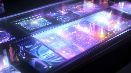 Futuristic holographic interface with dynamic digital displays