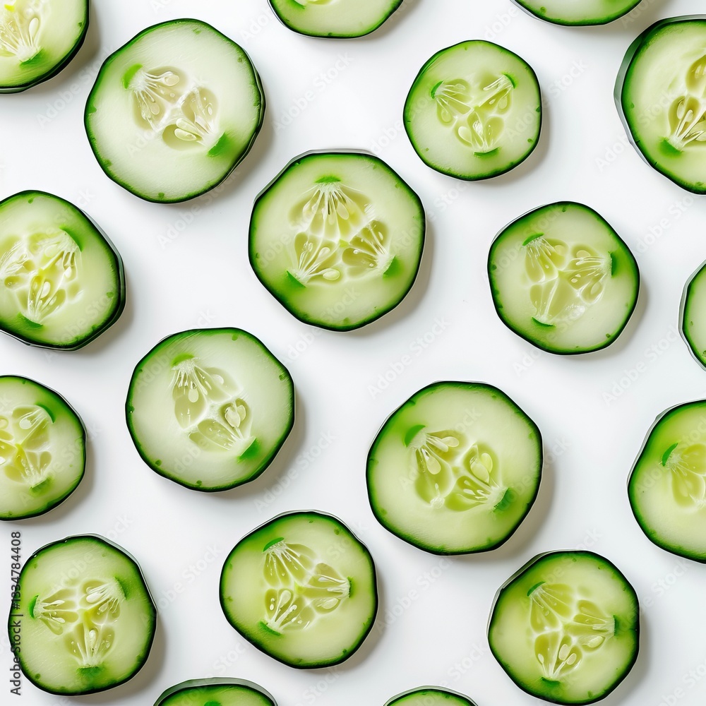 Aufkleber fresh and vibrant cucumber slices arranged in an organized pattern on a clean white background, perf