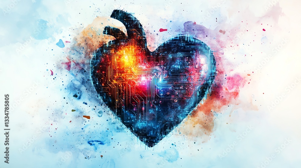 Poster an intricate watercolor design of a heart shape fused with a digital circuit pattern
