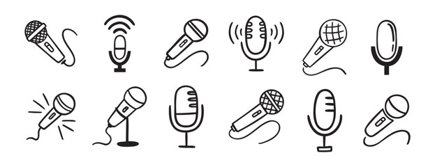 microphone icon doodle hand drawn set. Outline drawing microphone line clipart symbol collection