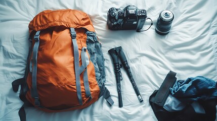 Orange Backpack Camera Trekking Poles on White Bed