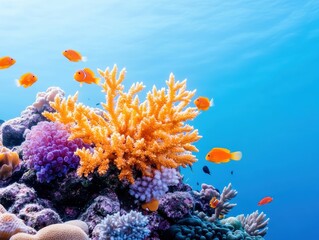 Naklejka premium Vibrant coral reef teeming with colorful fish under crystal-clear water