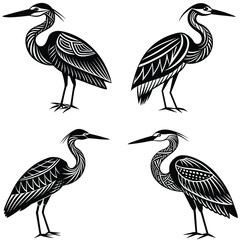 set of black crowned cranes, silhouette of stylized great egret birds vector set on a white background.