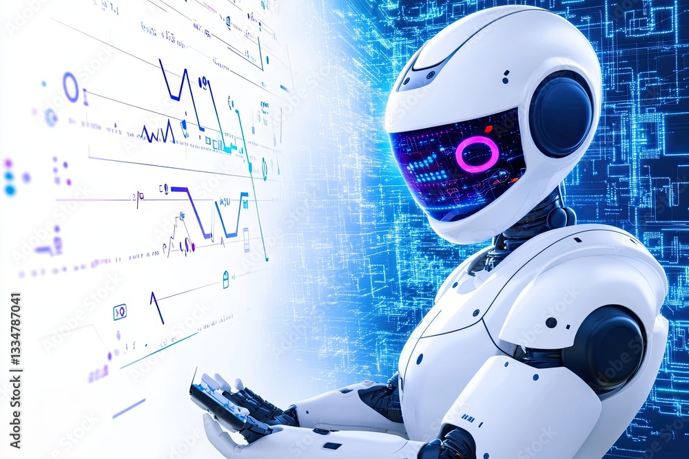 Poster ai & automation boom, advanced robot analyzing data with futuristic digital background