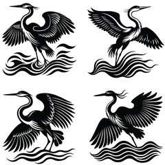 Obraz premium silhouette of stylized great egret birds vector set on a white background.
