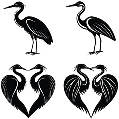 set of snowy egret  sitting poses,black and white egret illustration, egret silhouette vector