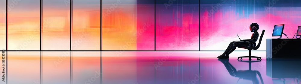Aufkleber ai & automation boom, futuristic workspace with robot using laptop and colorful backgrounds