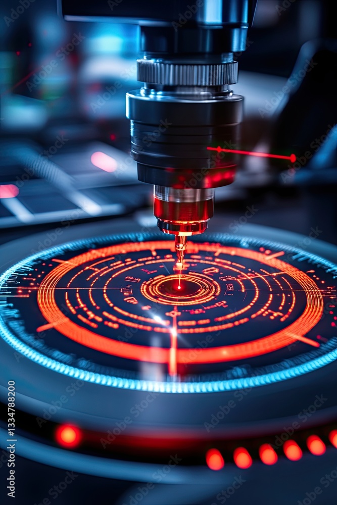 Aufkleber ai & automation boom, advanced microscope analyzing digital interface with red lights