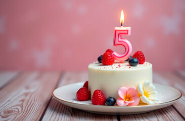 5 Year. Birthday Anniversary Sweet Cake. an anniversary greeting card or banner. Greeting Card, Banner with Burning Birthday Party Candle, Number, Flame. Design for Birthday Concept.
