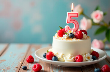 5 Year. Birthday Anniversary Sweet Cake. an anniversary greeting card or banner. Greeting Card, Banner with Burning Birthday Party Candle, Number, Flame. Design for Birthday Concept.