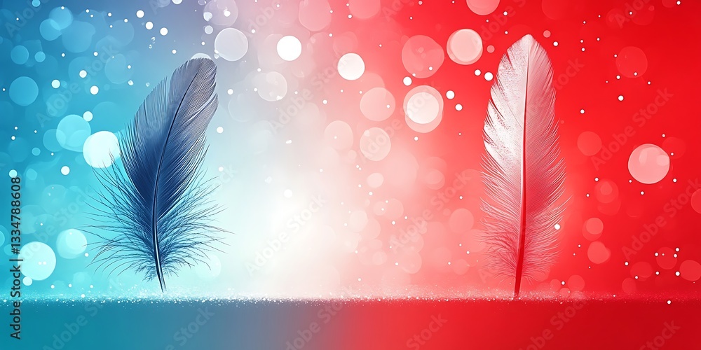 Aufkleber artistic dual-toned background with floating feathers and bokeh effects