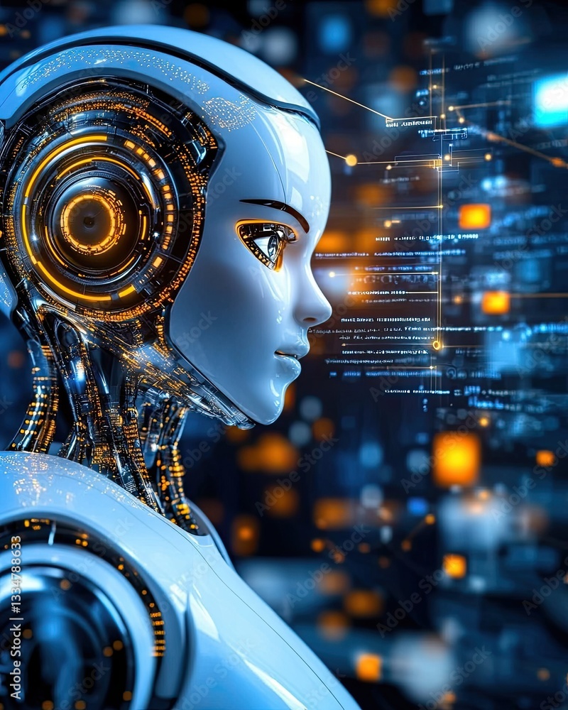 Poster ai & automation boom, futuristic robot head with digital interface elements and glowing lights