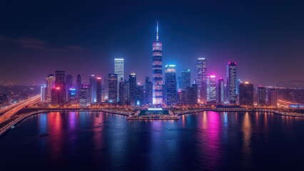 Naklejka premium City skyline glowing at night, skyscrapers reflecting on water, concept of tourism, finance