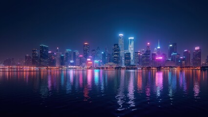Fototapeta premium City skyline glowing at night, skyscrapers reflecting on water, concept of tourism, finance