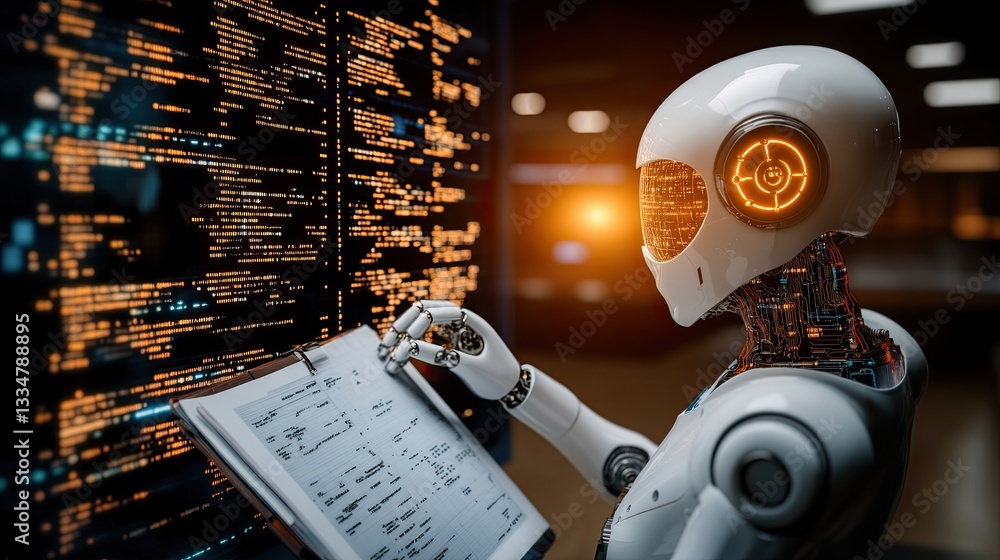 Poster ai & automation boom, futuristic robot writing on digital display in technology environment