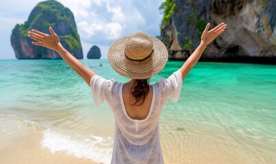 Fototapeta premium From behind, a woman in a white dress and straw hat stands on a sandy beach with arms raised, facing the stunning turquoise sea and dramatic limestone cliffs of a tropical island on a bright sunny day
