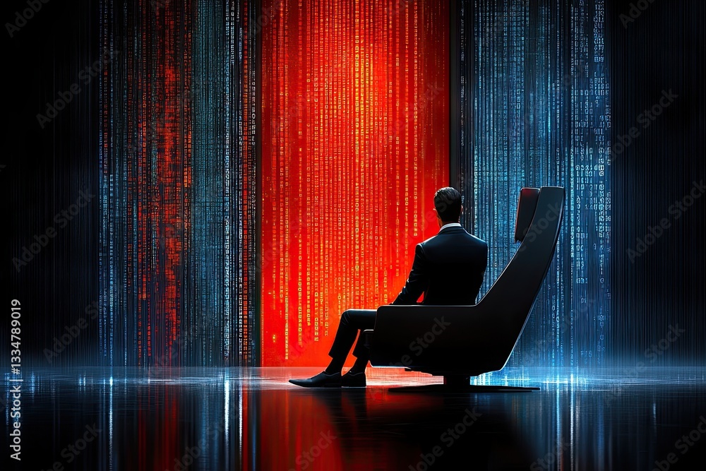 Poster ai & automation boom, person in suit seated before binary code background with colors