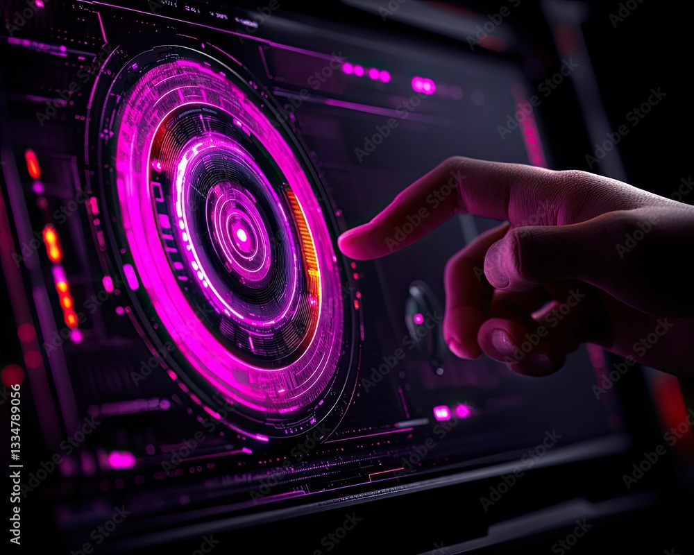 Poster ai & automation boom, futuristic digital interface touch with neon pink circles and patterns