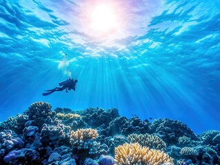 Fototapeta premium Diver exploring vibrant coral reef under sunlit ocean surface