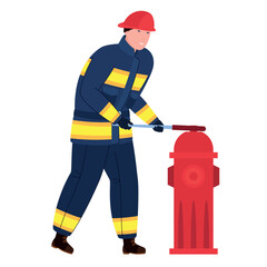 Illustration of a firefighter in a blue uniform with yellow stripes turning a wrench to open a fire hydrant.