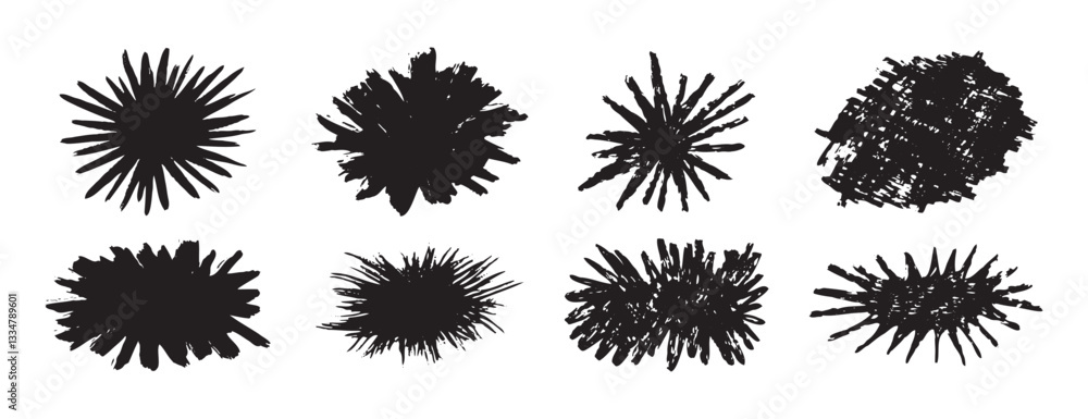 Poster burst brush strokes vector set. grunge exploding shape text boxes. dirty distress texture shape set