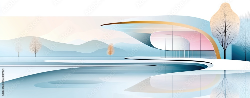 Poster ai & automation boom, modern architecture with abstract elements and serene landscape