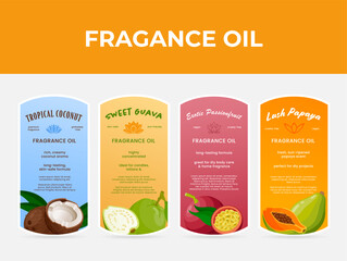 A set of labels for tropical essential oils listing their ingredients and unique qualities