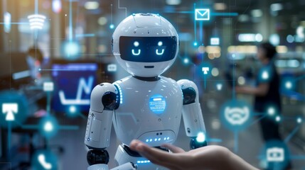 Futuristic Assistance: Elegant White Robot Interacting with a Human Hand Amidst a Network of Glowing Digital Icons, Representing Advanced Technology