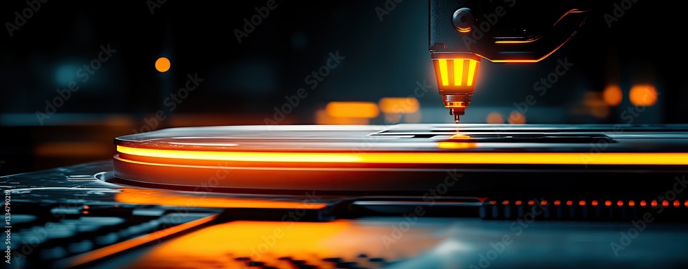 Poster ai & automation boom, precision laser cutting machine with neon glow in workshop