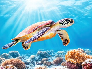 Vibrant sea turtle gliding through a coral reef with sun rays illuminating the scene