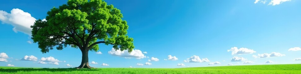 Obraz premium Tall tree against a clear blue sky with clouds, greenery, nature