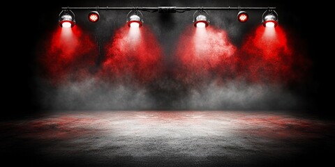 Dramatic Stage Lighting with Red Spotlights and Smoke Effect on Concrete Floor