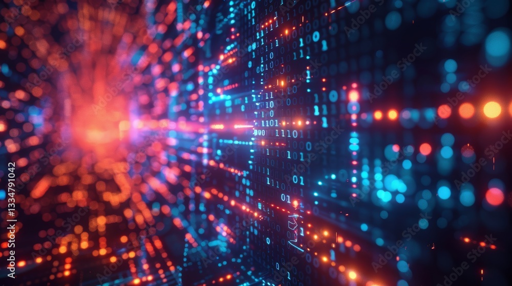 Aufkleber futuristic cyberspace visualization with binary numbers in vibrant blue and orange colors, symbolizi