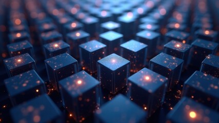 Obraz premium Glowing cubes with particles of light arranged in a grid pattern on dark surface, abstract concept of technology, data, innovation, and digital design, concept of technology, innovation