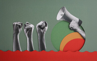 Half tones of hands raised upwards with closed fists. Feminists fighting. Illustration of a...
