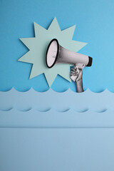Half tones of hands gripping protest boards and megaphones. A call for action. Illustration of a...