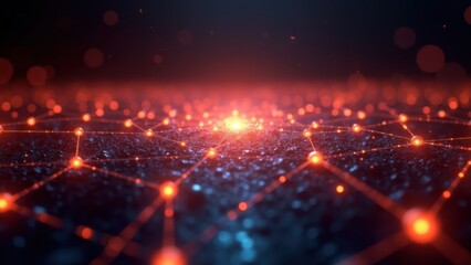 Fototapeta premium Glowing spheres connected by glowing lines on dark background, abstract concept of digital network, technology, data connections, and virtual reality, concept of innovation, technology, digital media