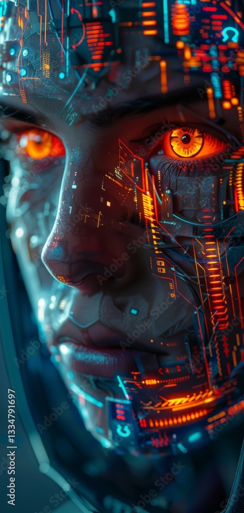 Poster futuristic entity: close-up portrait of an advanced artificial intelligence with glowing circuits an