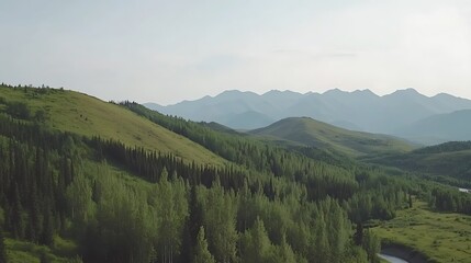 Obraz premium Serene Mountain Vista: A Breathtaking Aerial View of Lush Green Hills and Distant Peaks