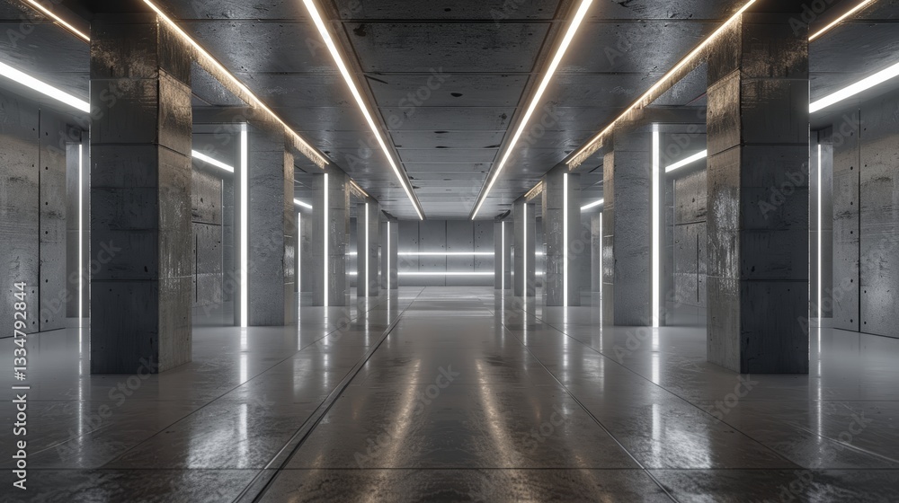 Poster futuristic long concrete corridor illuminated by neon lights, showcasing modern industrial architect