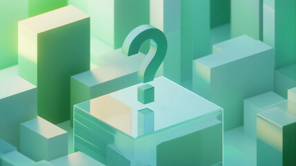Question mark on a glass platform. Isometric scene, on green background. 3d illustration.