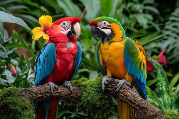 Fototapeta premium Two colorful parrots sitting on mossy branches in an exotic garden with flowers and plants, a real photograph.