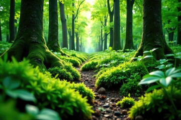 Fototapeta premium The forest floor is carpeted with soft moss and ferns in shades of green, forest floor, lush vegetation