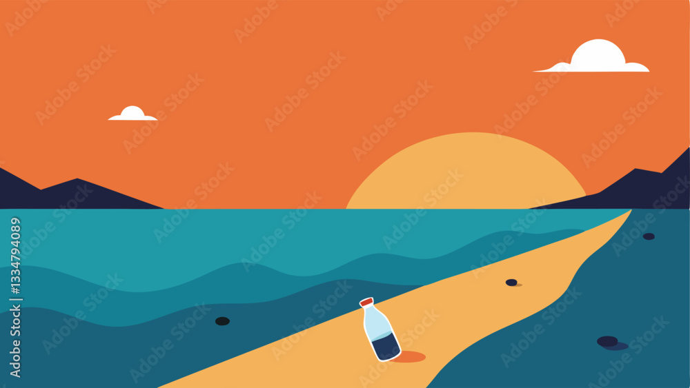 Poster plastic erosion an showing a beach with a line of plastic debris eroding away into sand with the sun